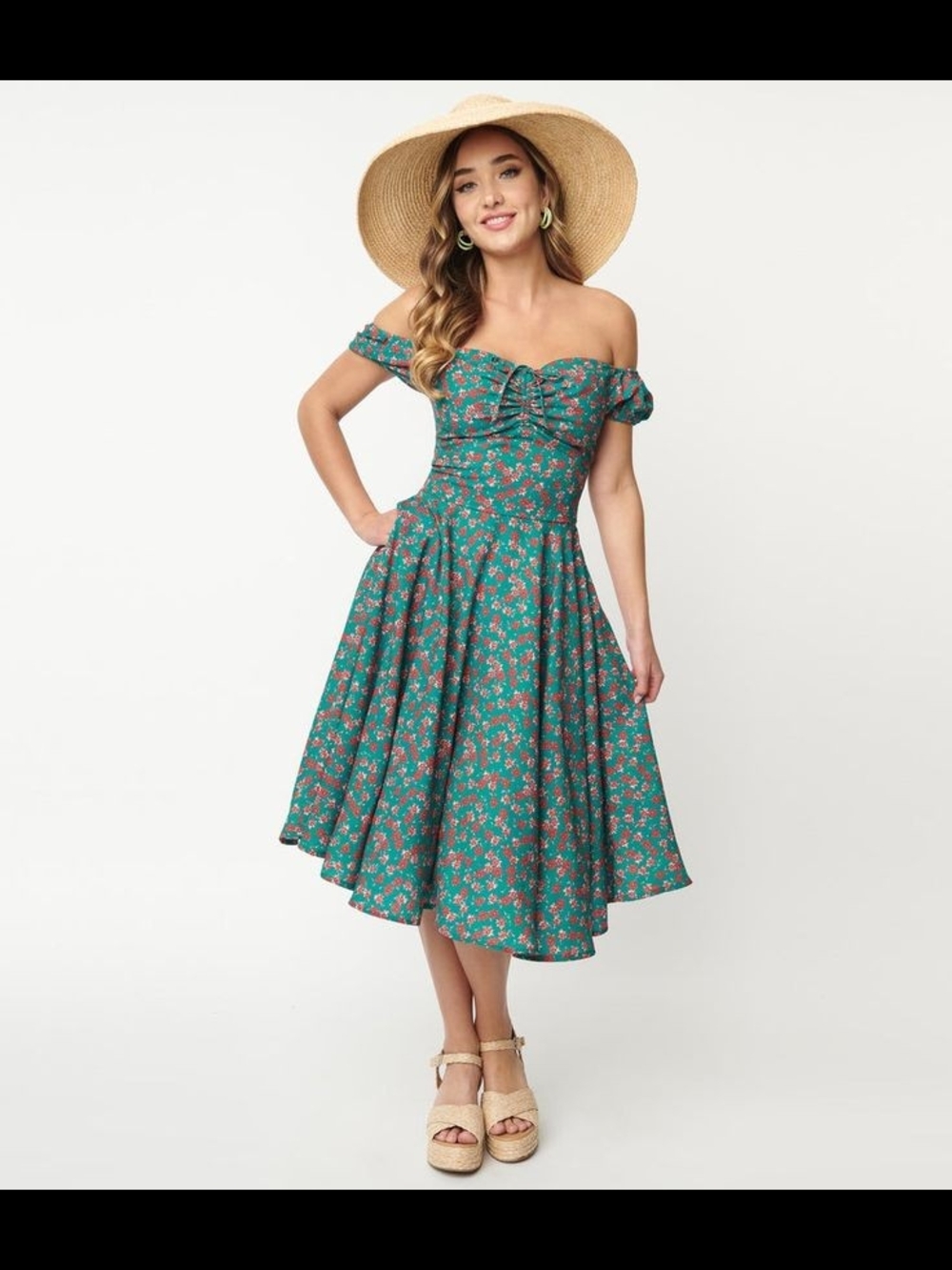 Teal Floral Off-Shoulder Fit & Flare Dress